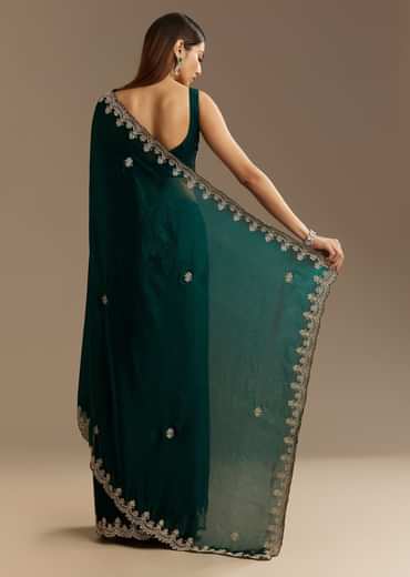 Teal Green Satin Saree With Zardosi Embroidery And Scallop Border