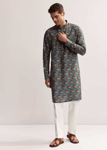 Teal Green Silk Printed Kurta For Men