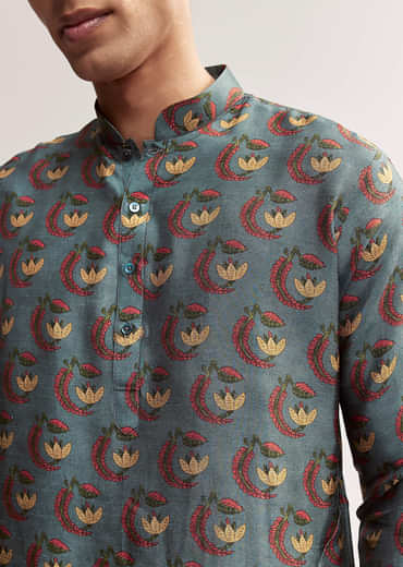 Teal Green Silk Printed Kurta For Men