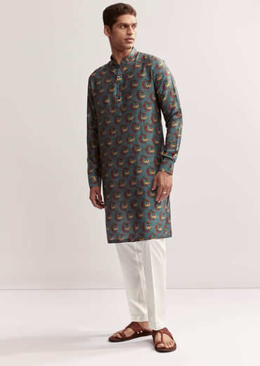 Teal Green Silk Printed Kurta For Men