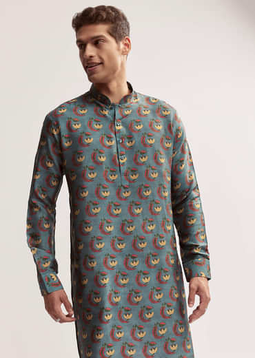 Teal Green Silk Printed Kurta For Men