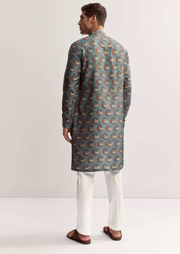 Teal Green Silk Printed Kurta For Men