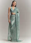 Teal Green Tissue Embroidered Saree With Heavy Hand Embroidery
