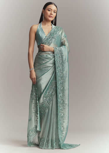 Teal Green Tissue Embroidered Saree With Heavy Hand Embroidery