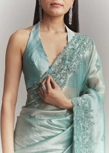 Teal Green Tissue Embroidered Saree With Heavy Hand Embroidery