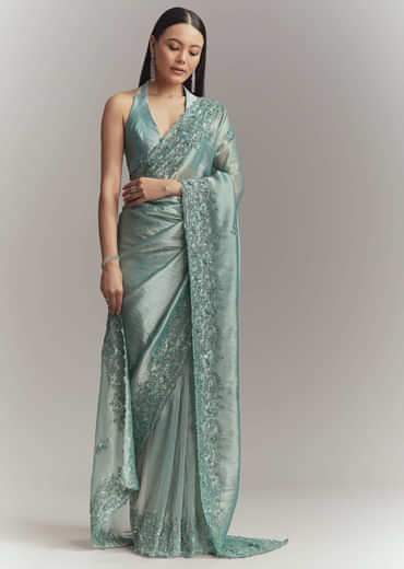 Teal Green Tissue Embroidered Saree With Heavy Hand Embroidery