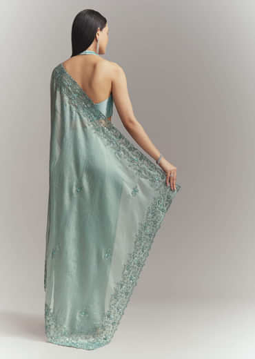 Teal Green Tissue Embroidered Saree With Heavy Hand Embroidery