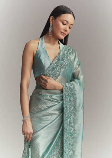 Teal Green Tissue Embroidered Saree With Heavy Hand Embroidery