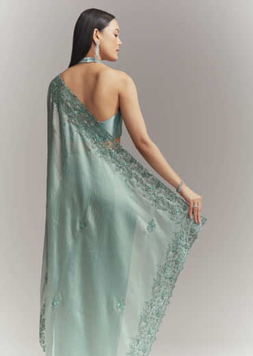 Teal Green Tissue Embroidered Saree With Heavy Hand Embroidery