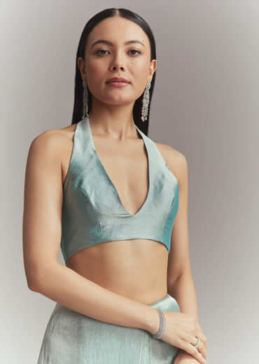 Teal Green Tissue Embroidered Saree With Heavy Hand Embroidery