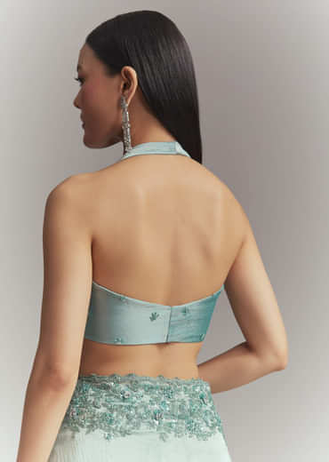 Teal Green Tissue Embroidered Saree With Heavy Hand Embroidery