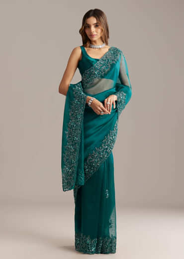 Teal Green Tissue Saree With Floral And Cutwork Embroidery