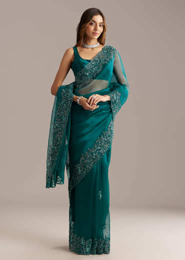 Teal Green Tissue Saree With Floral And Cutwork Embroidery