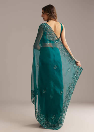 Teal Green Tissue Saree With Floral And Cutwork Embroidery