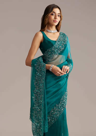 Teal Green Tissue Saree With Floral And Cutwork Embroidery