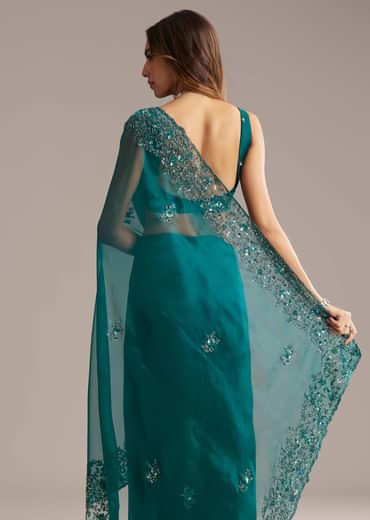 Teal Green Tissue Saree With Floral And Cutwork Embroidery