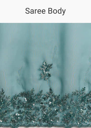 Teal Green Tissue Saree With Floral And Cutwork Embroidery