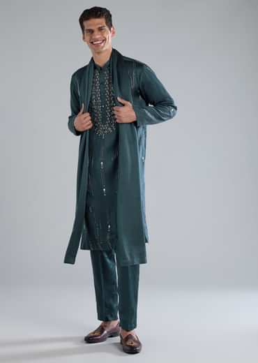 Teal Kurta Set With Hand Embroidery And Cutdana Details
