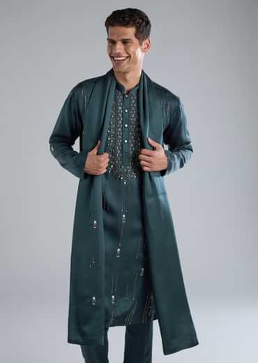 Teal Kurta Set With Hand Embroidery And Cutdana Details