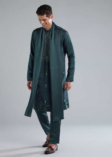 Teal Kurta Set With Hand Embroidery And Cutdana Details
