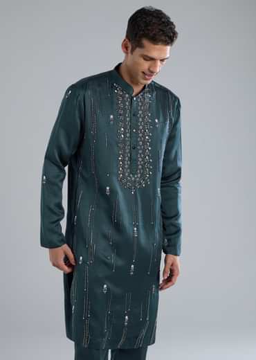 Teal Kurta Set With Hand Embroidery And Cutdana Details
