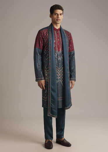 Teal Linen Kurta Set For Men With Mirror Work