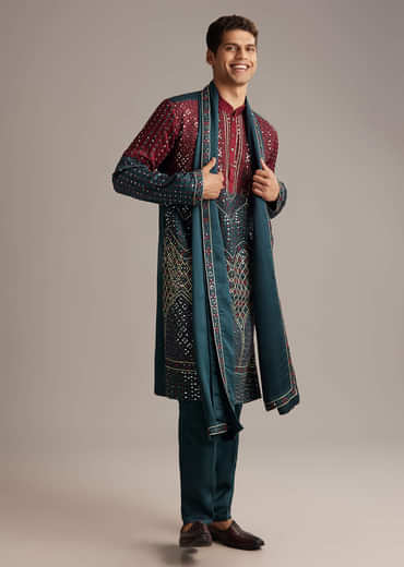 Teal Linen Kurta Set For Men With Mirror Work