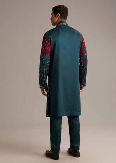 Teal Linen Kurta Set For Men With Mirror Work