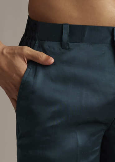 Teal Linen Kurta Set For Men With Mirror Work