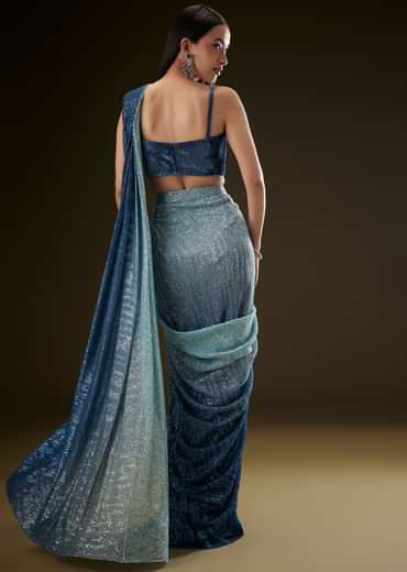 Teal Ombre Sequence Ready To Wear Saree With Velvet Blouse