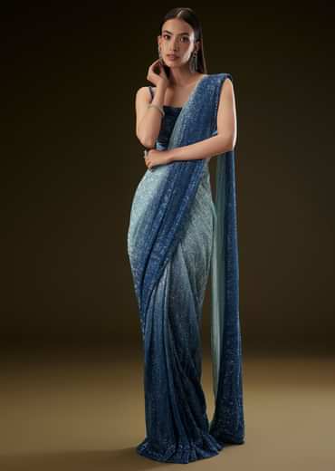 Teal Ombre Sequence Ready To Wear Saree With Velvet Blouse