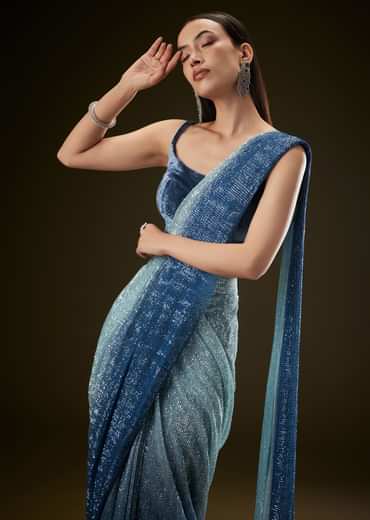 Teal Ombre Sequence Ready To Wear Saree With Velvet Blouse