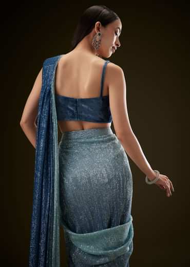 Teal Ombre Sequence Ready To Wear Saree With Velvet Blouse