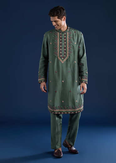 Teal Resham Embroidered Mens Kurta and Pant Set