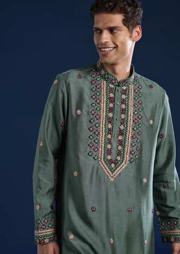 Teal Resham Embroidered Mens Kurta and Pant Set
