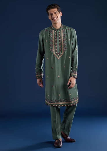 Teal Resham Embroidered Mens Kurta and Pant Set