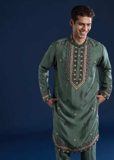 Teal Resham Embroidered Mens Kurta and Pant Set