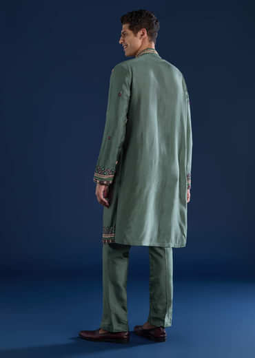 Teal Resham Embroidered Mens Kurta and Pant Set