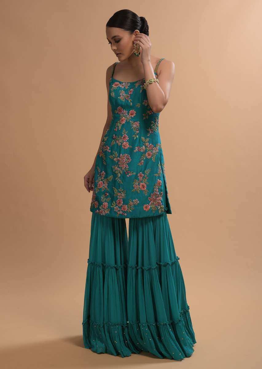 Teal Sharara Suit With Colorful Resham, Cut Dana And Moti Embroidered Spring Blossoms