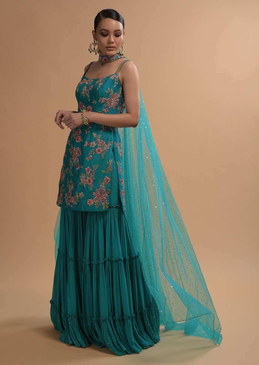 Teal Sharara Suit With Colorful Resham, Cut Dana And Moti Embroidered Spring Blossoms