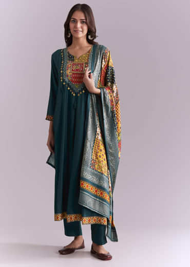 Teal Silk Anarkali Suit With Embroidery And Printed Patch Work