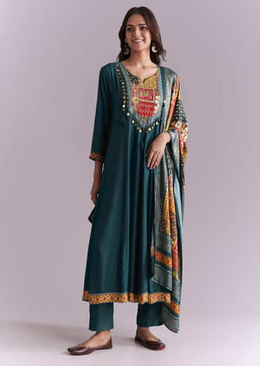 Teal Silk Anarkali Suit With Embroidery And Printed Patch Work