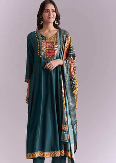 Teal Silk Anarkali Suit With Embroidery And Printed Patch Work