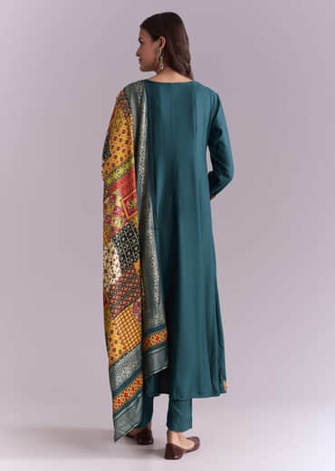 Teal Silk Anarkali Suit With Embroidery And Printed Patch Work