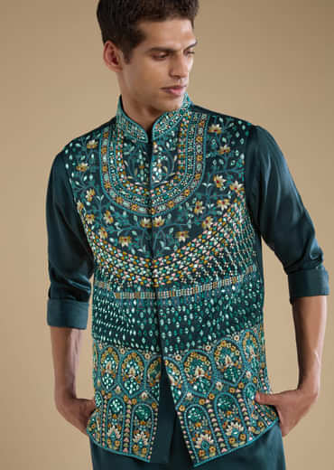 Teal Silk Jacket Kurta Set with Mirror Work