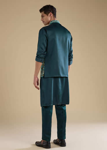 Teal Silk Jacket Kurta Set with Mirror Work