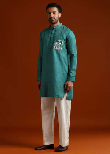 Teal Textured Kurta Set For Men With Thread Embroidery