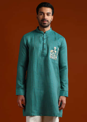 Teal Textured Kurta Set For Men With Thread Embroidery