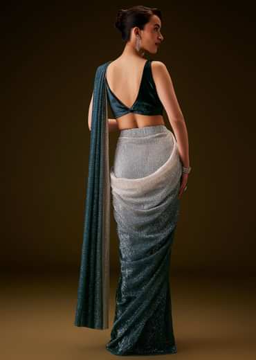 Teal And Cream Ombre Sequin Velvet Saree
