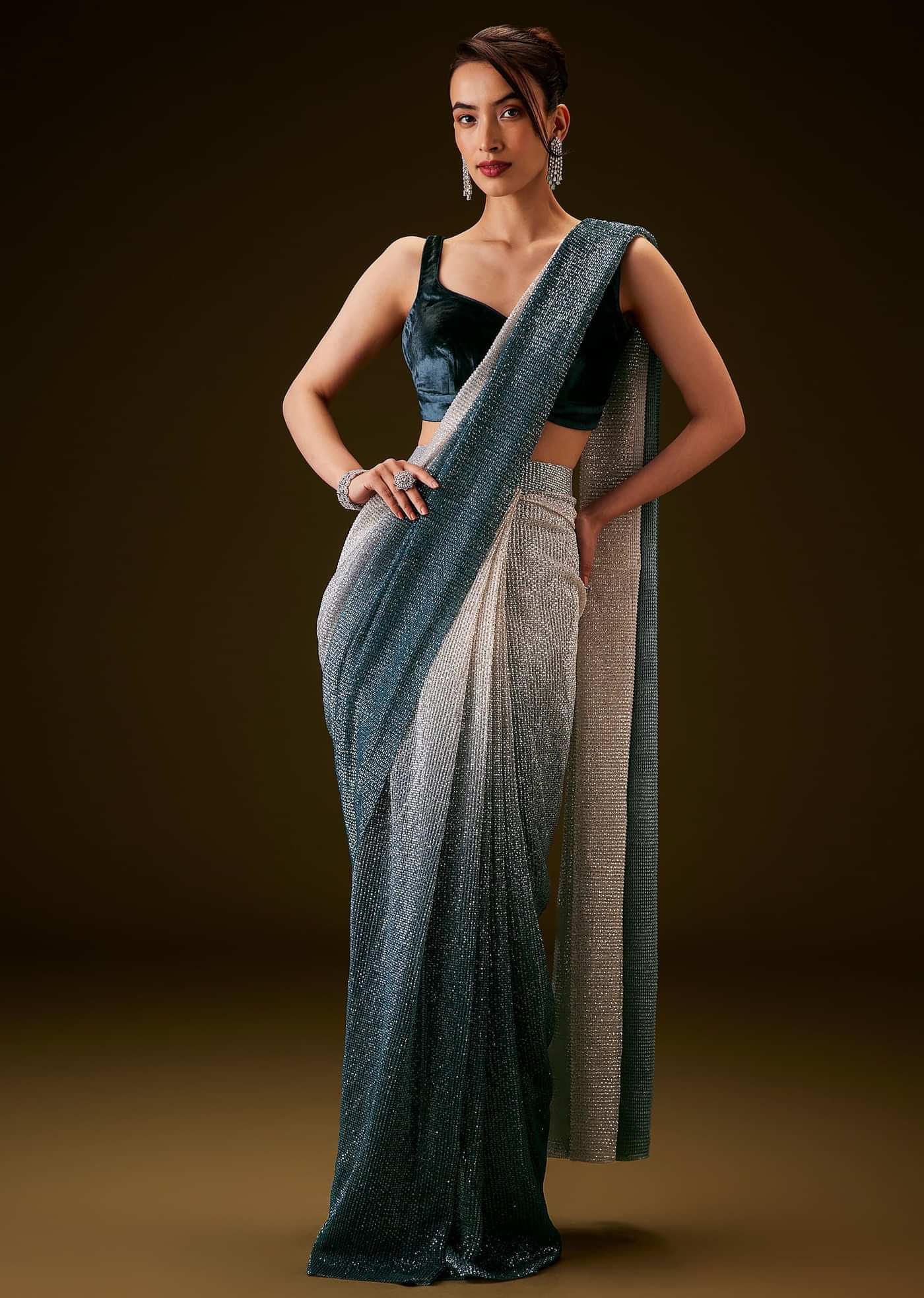 Teal And Cream Ombre Sequin Velvet Saree